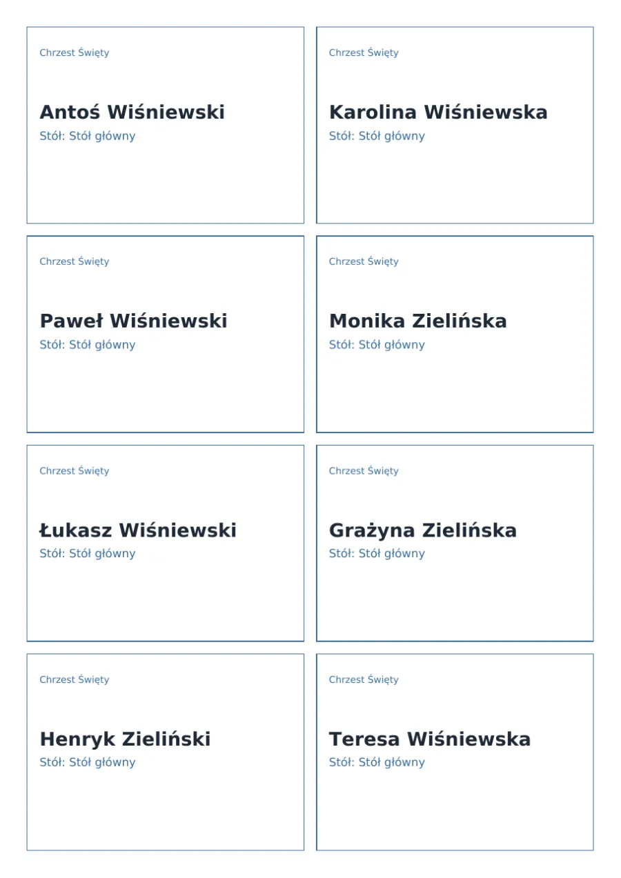 Winietki na chrzciny z imionami gości i numerem stołu